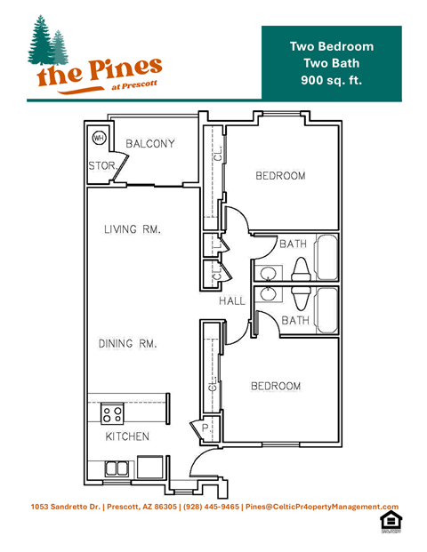 Floor plan for 2 beds, 2 baths, 900 sqft